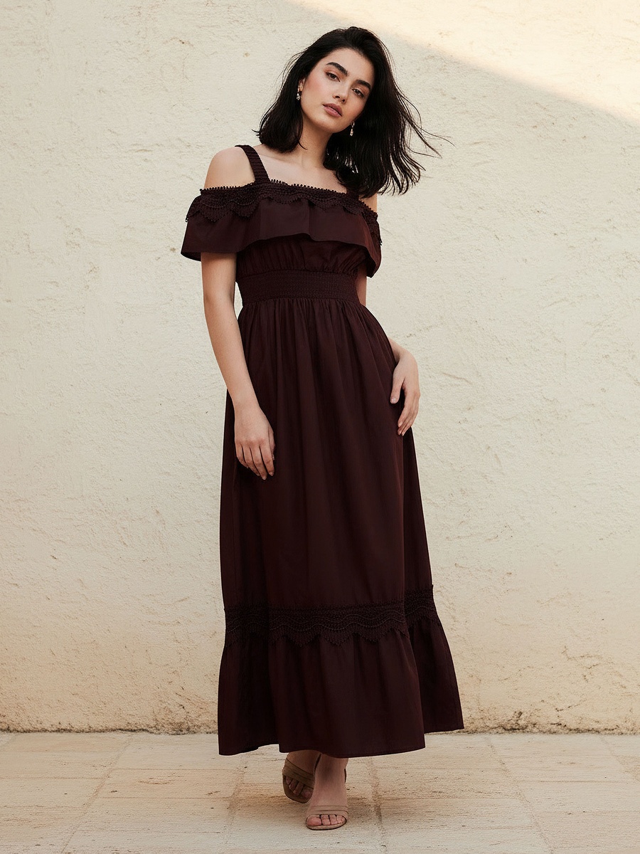 Maxi Cotton Dress with Lace Trim