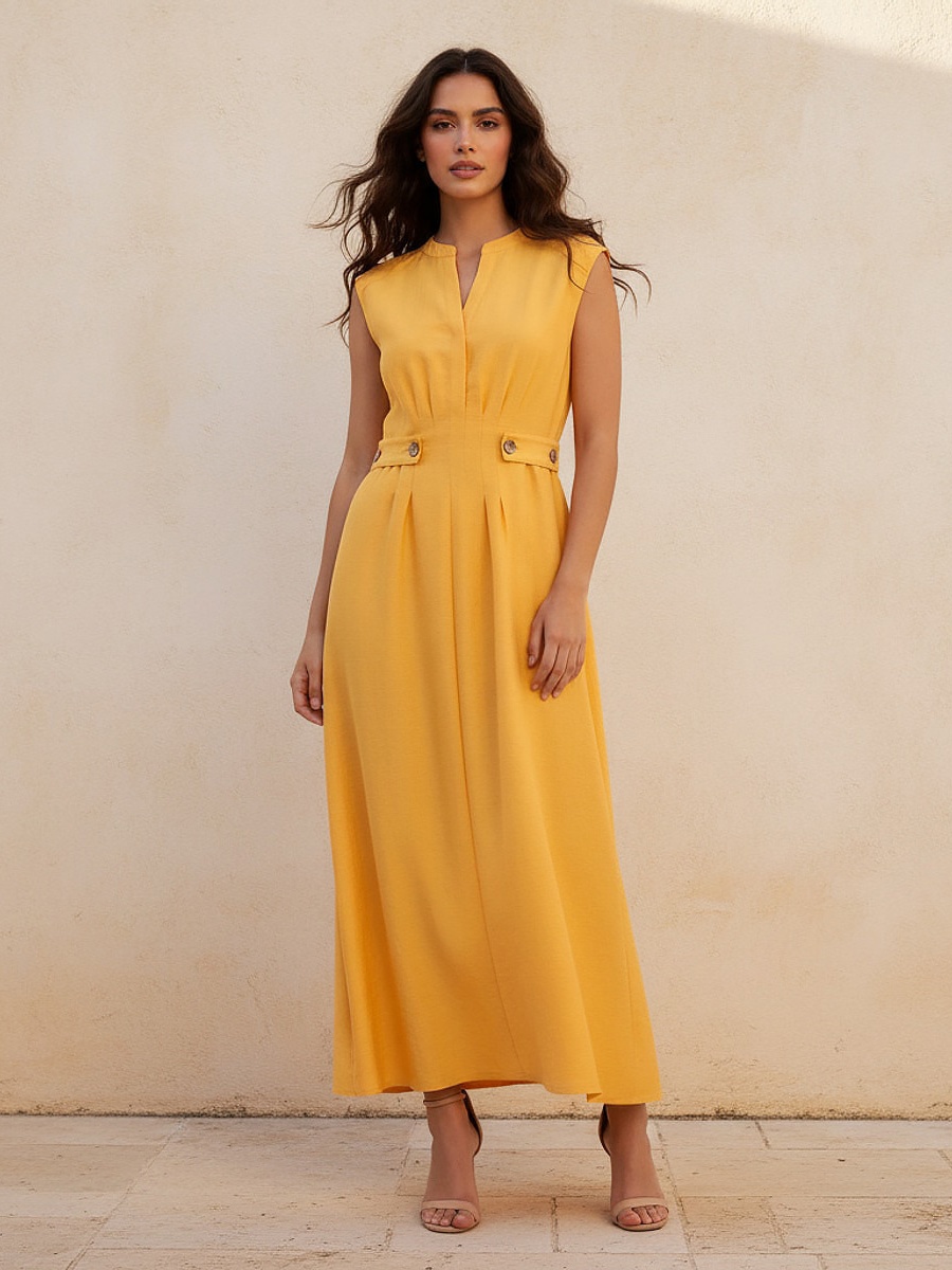 A-Line Midi Dress with Button Flaps
