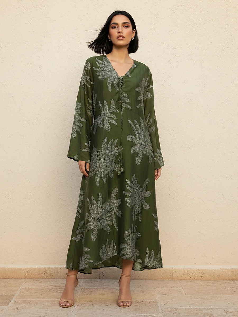 A-Line Midi Dress with Leaf Print