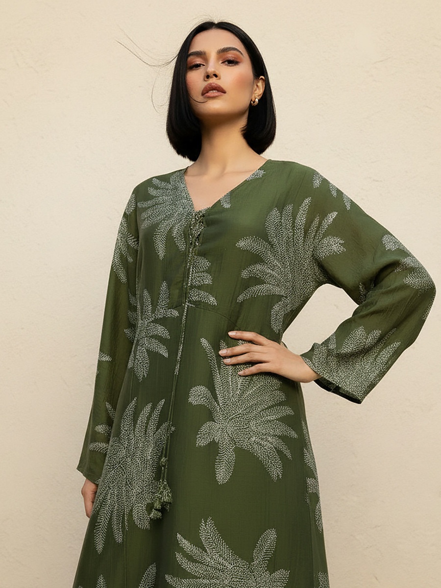 A-Line Midi Dress with Leaf Print