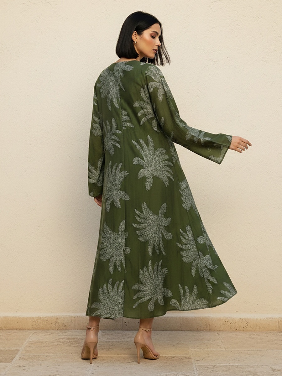 A-Line Midi Dress with Leaf Print