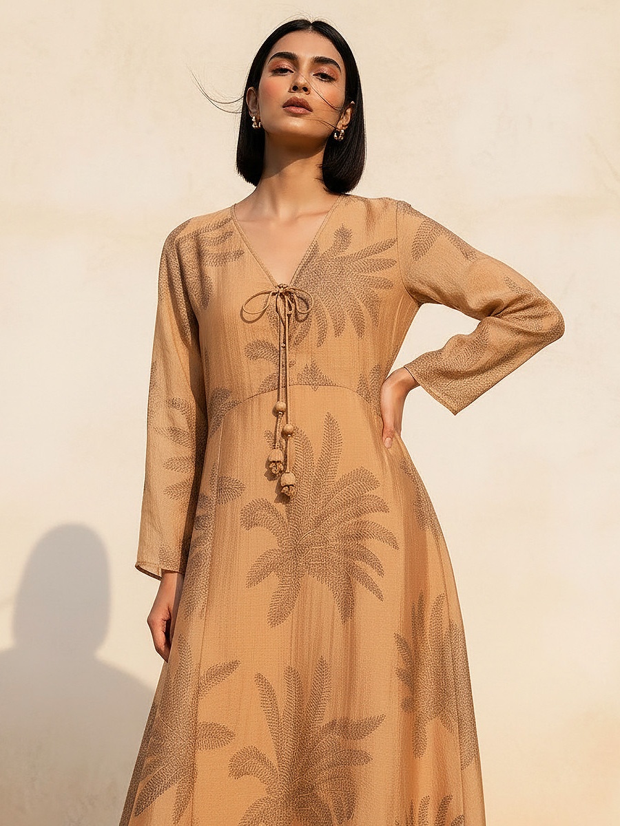 A-Line Midi Dress with Leaf Print