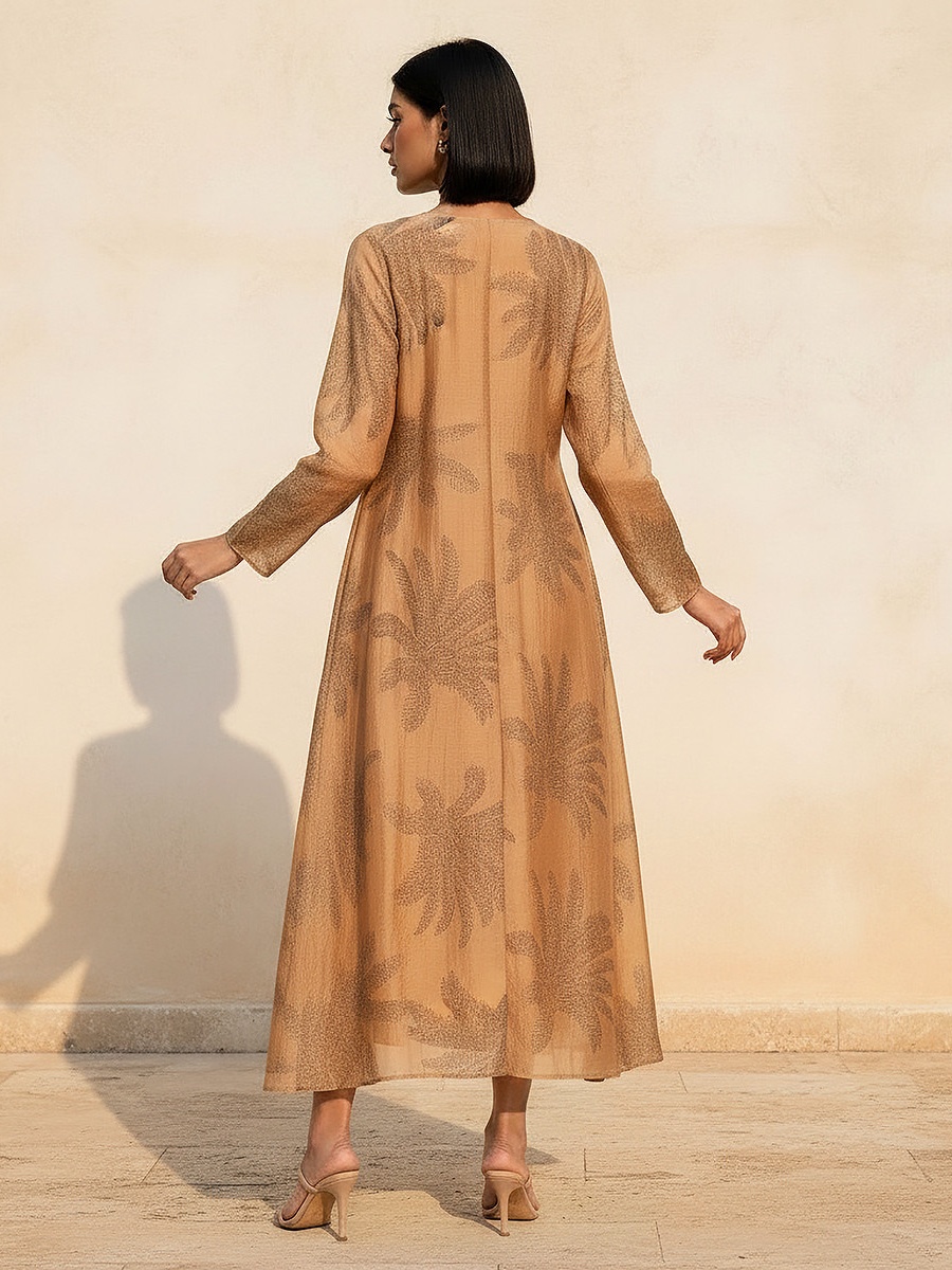 A-Line Midi Dress with Leaf Print