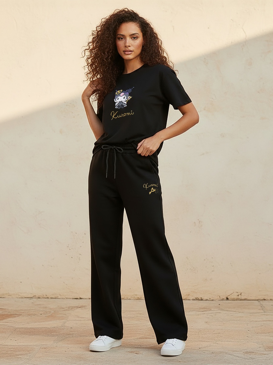 Relaxed Fit Pants with Kuromi Embroidery
