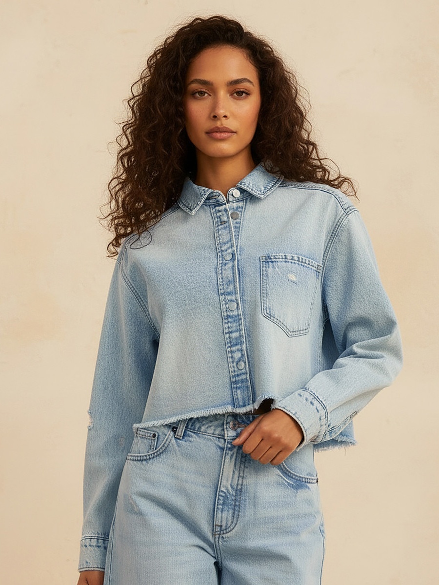 Cotton Cropped Jacket with Distressed Detail