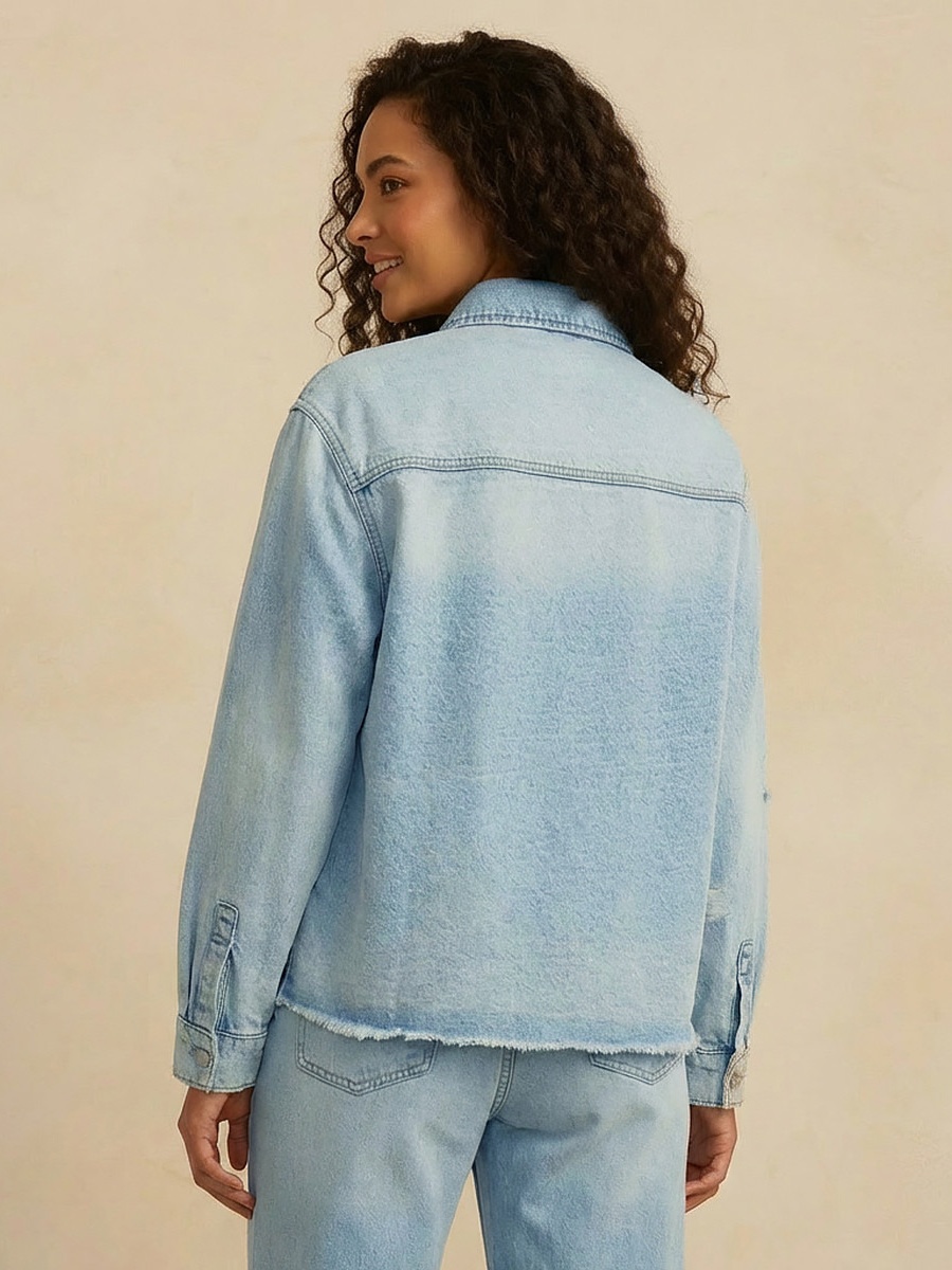 Cotton Cropped Jacket with Distressed Detail