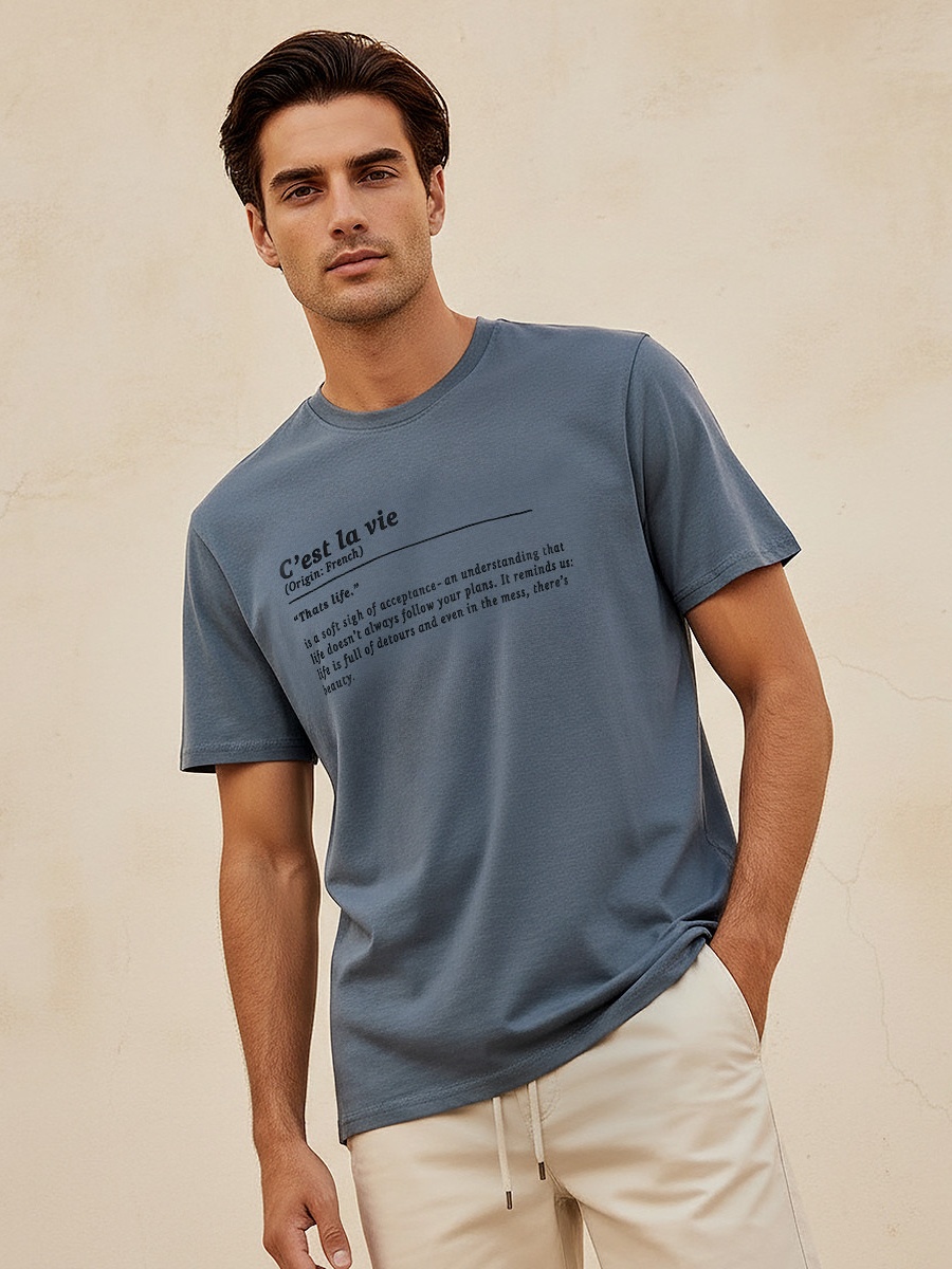 Men Regular Fit Crew Neck Short Sleeves Slogan Print T-Shirt 