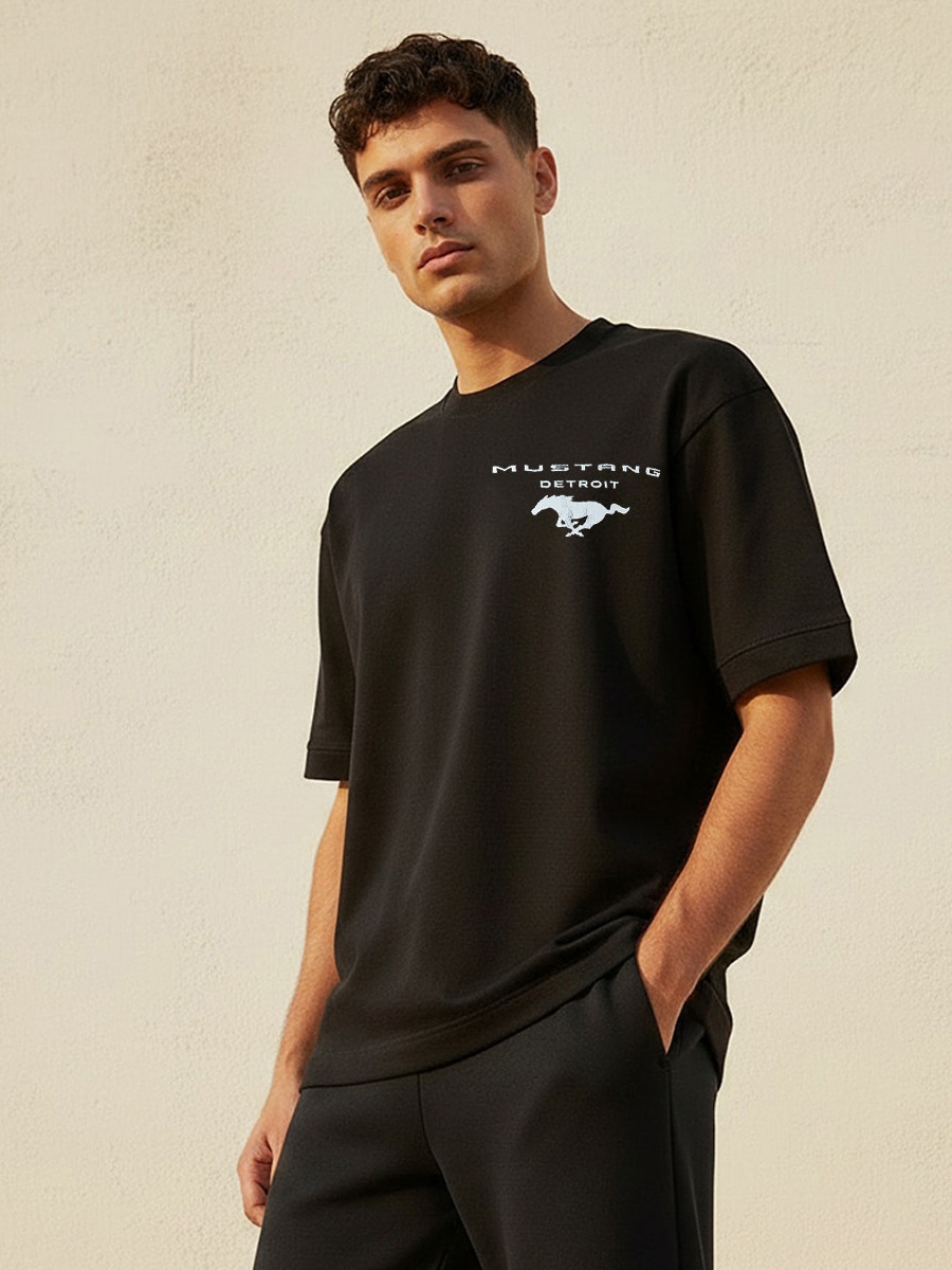 Men Crew Neck Short Sleeves Mustang Print T-Shirt 