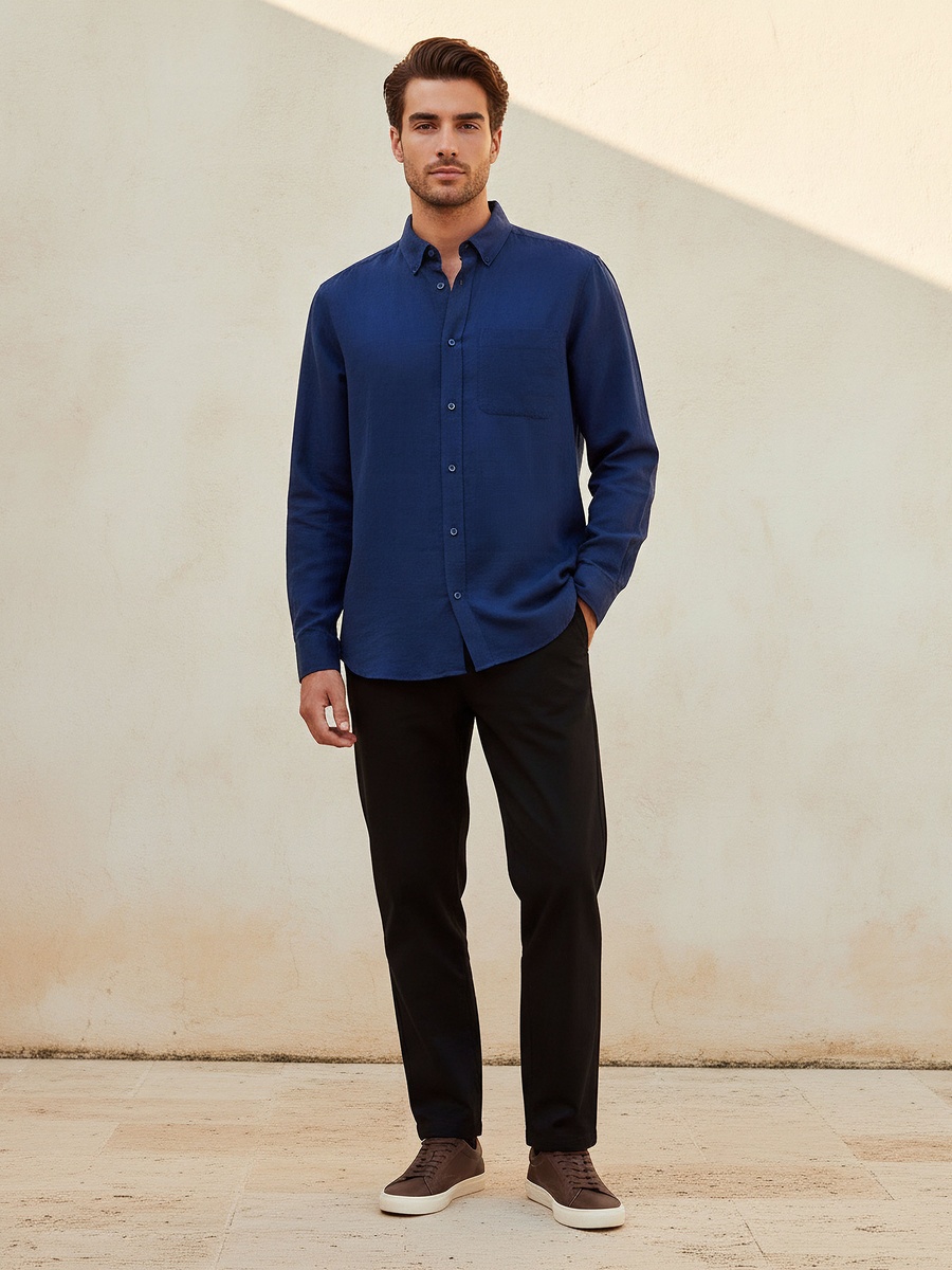 Men Regular Fit Collared Button-Down Long Sleeves Linen Blend Shirt