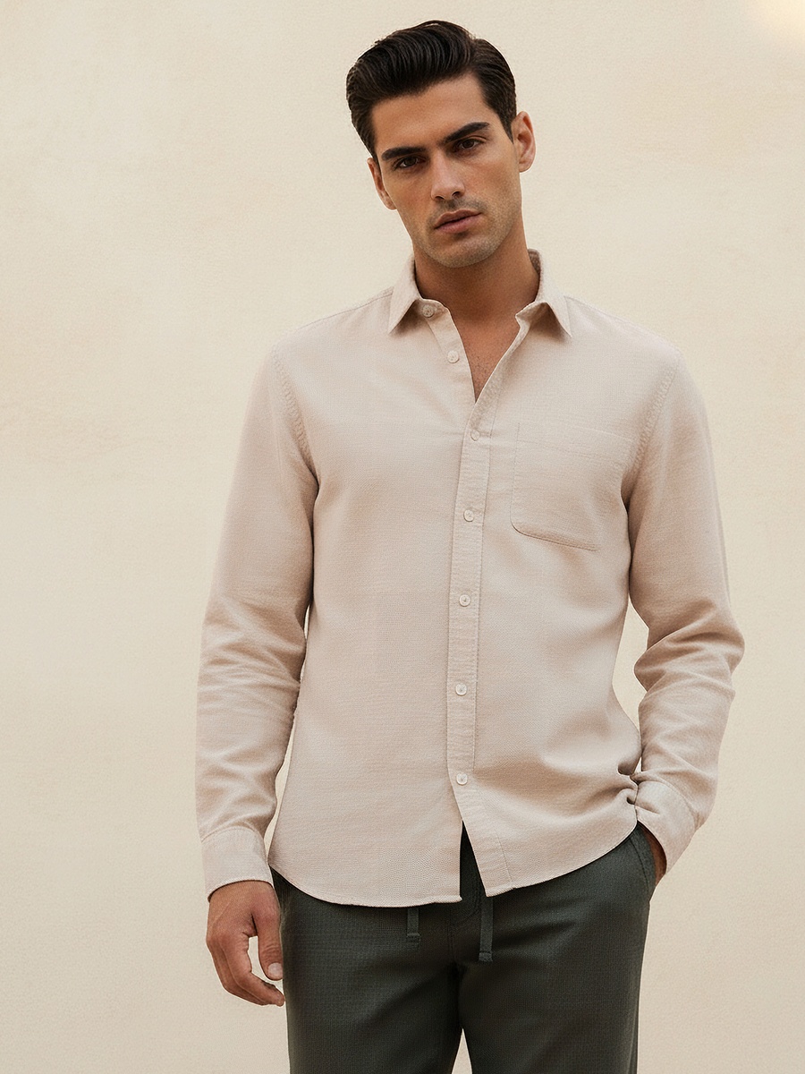 Men Regular Fit Collared Button-Down Long Sleeves Linen Blend Shirt
