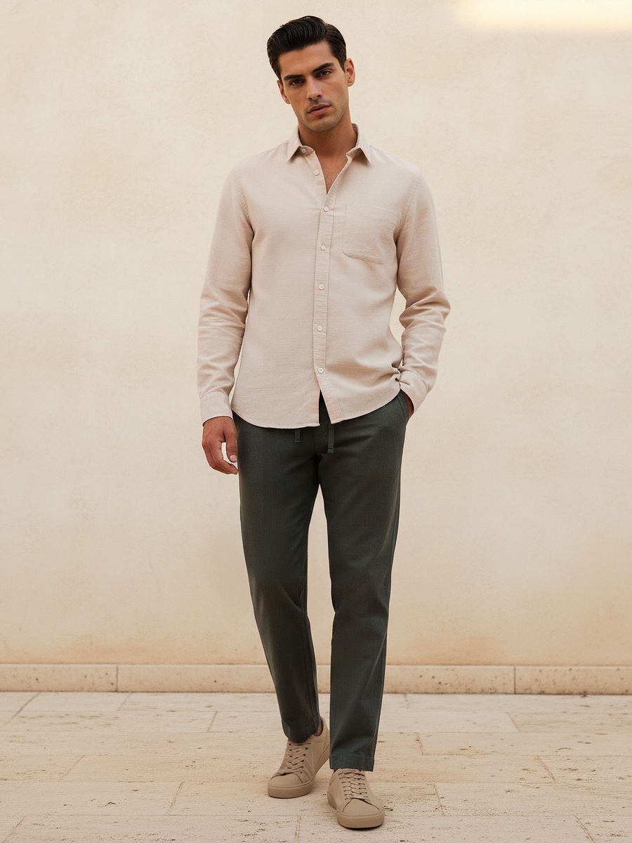 Men Regular Fit Collared Button-Down Long Sleeves Linen Blend Shirt