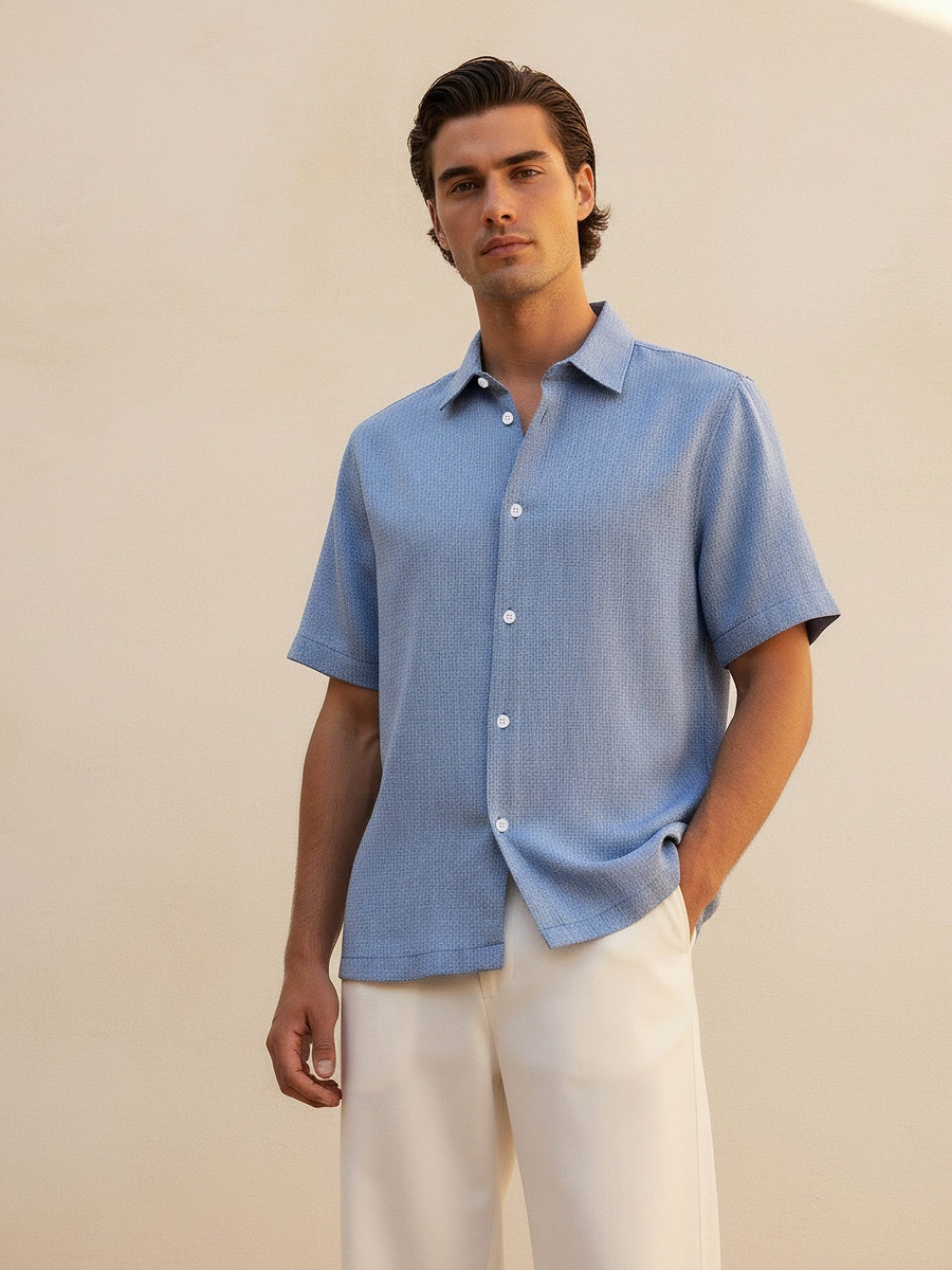 Men Regular Fit Collared Textured Short Sleeve Shirt