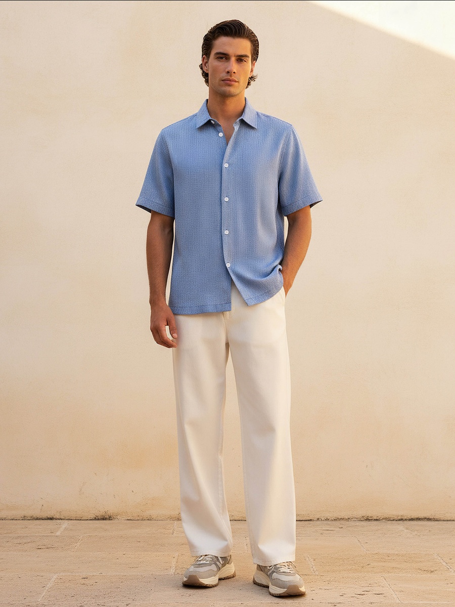 Men Regular Fit Collared Textured Short Sleeve Shirt
