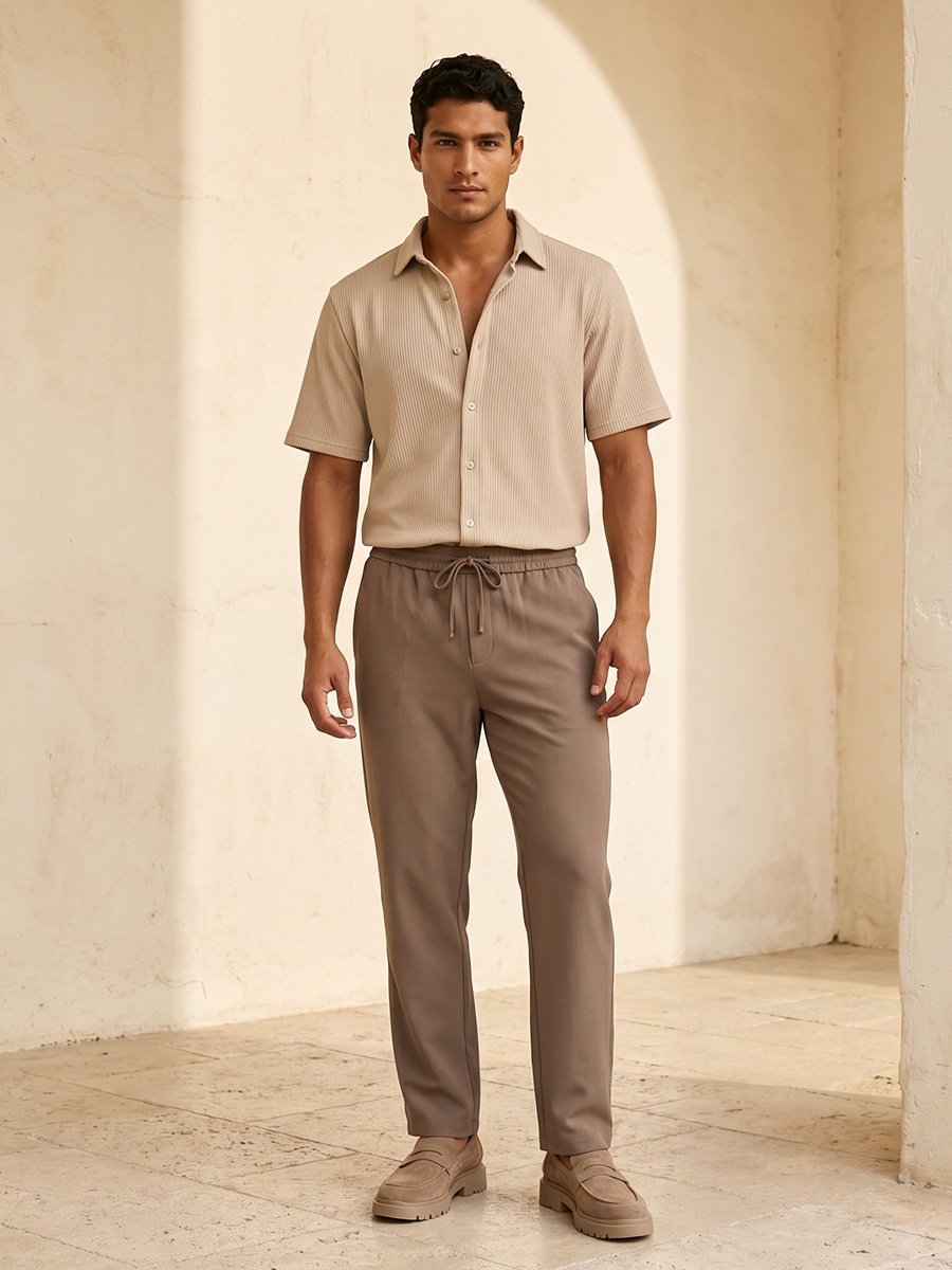 Men Regular Fit Collared Textured Short Sleeves Shirt