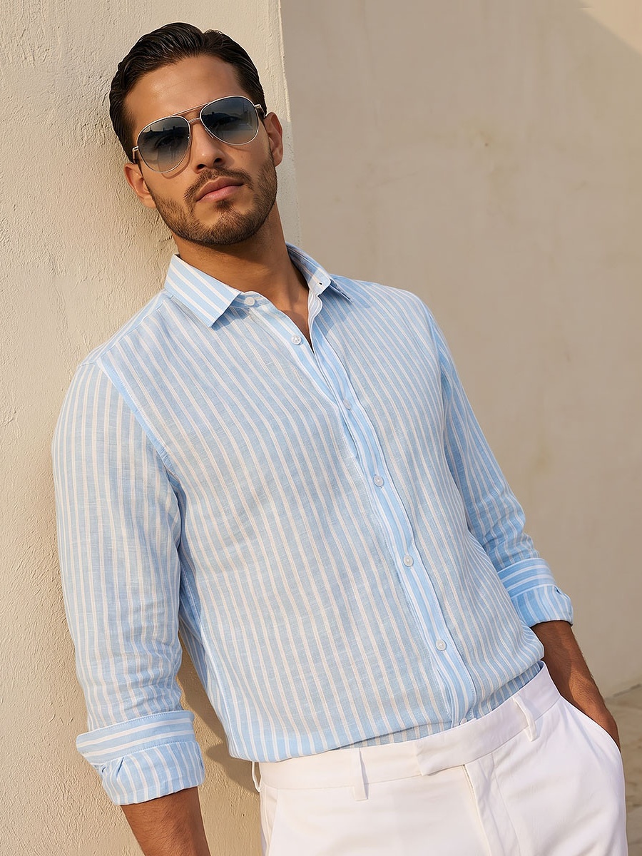Men Slim Fit Collared Striped Long Sleeve Shirt