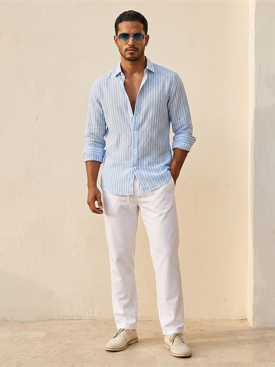 Men Slim Fit Collared Striped Long Sleeve Shirt