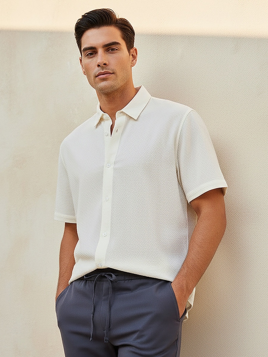 Men Regular Fit Collared Textured Short Sleeves Shirt