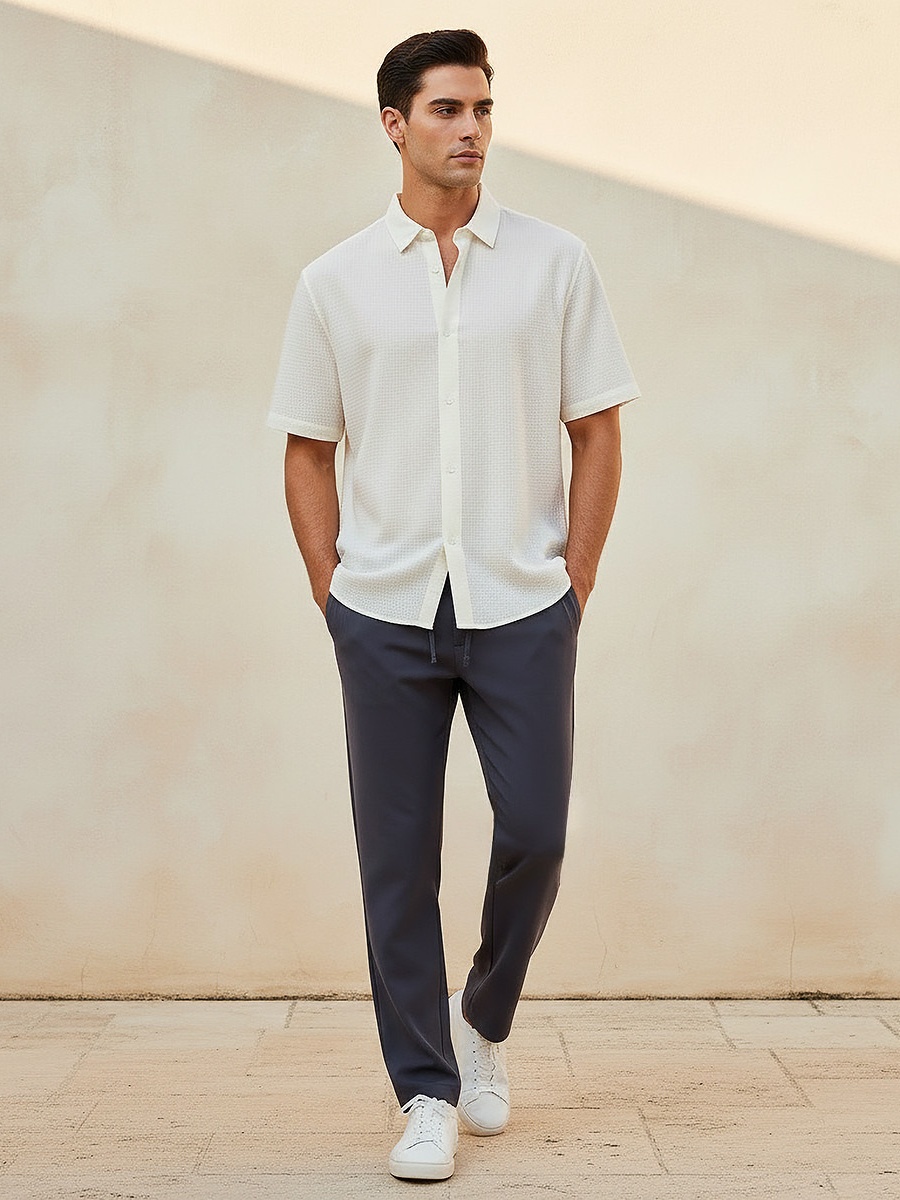 Men Regular Fit Collared Textured Short Sleeves Shirt