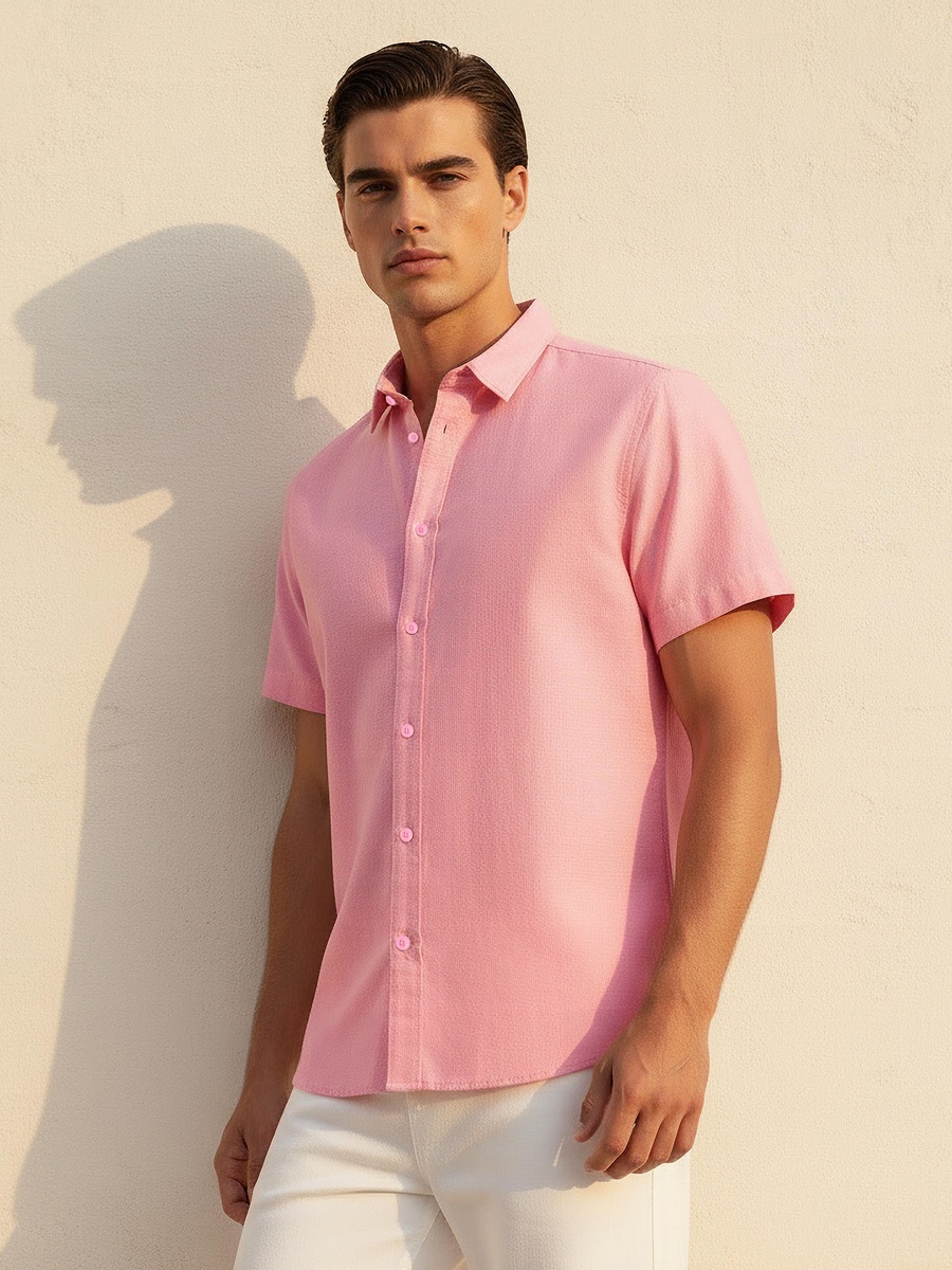 Men Regular Fit Collared Short Sleeves Oxford Shirt
