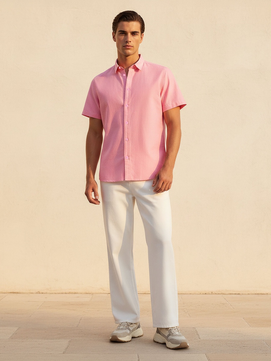 Men Regular Fit Collared Short Sleeves Oxford Shirt