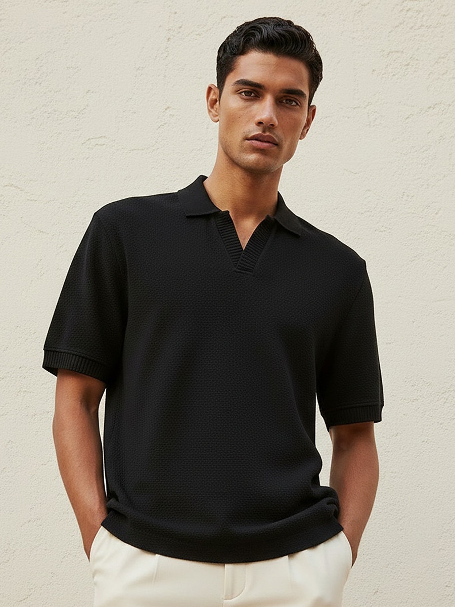 Men Short Sleeve Textured Polo T-Shirt 
