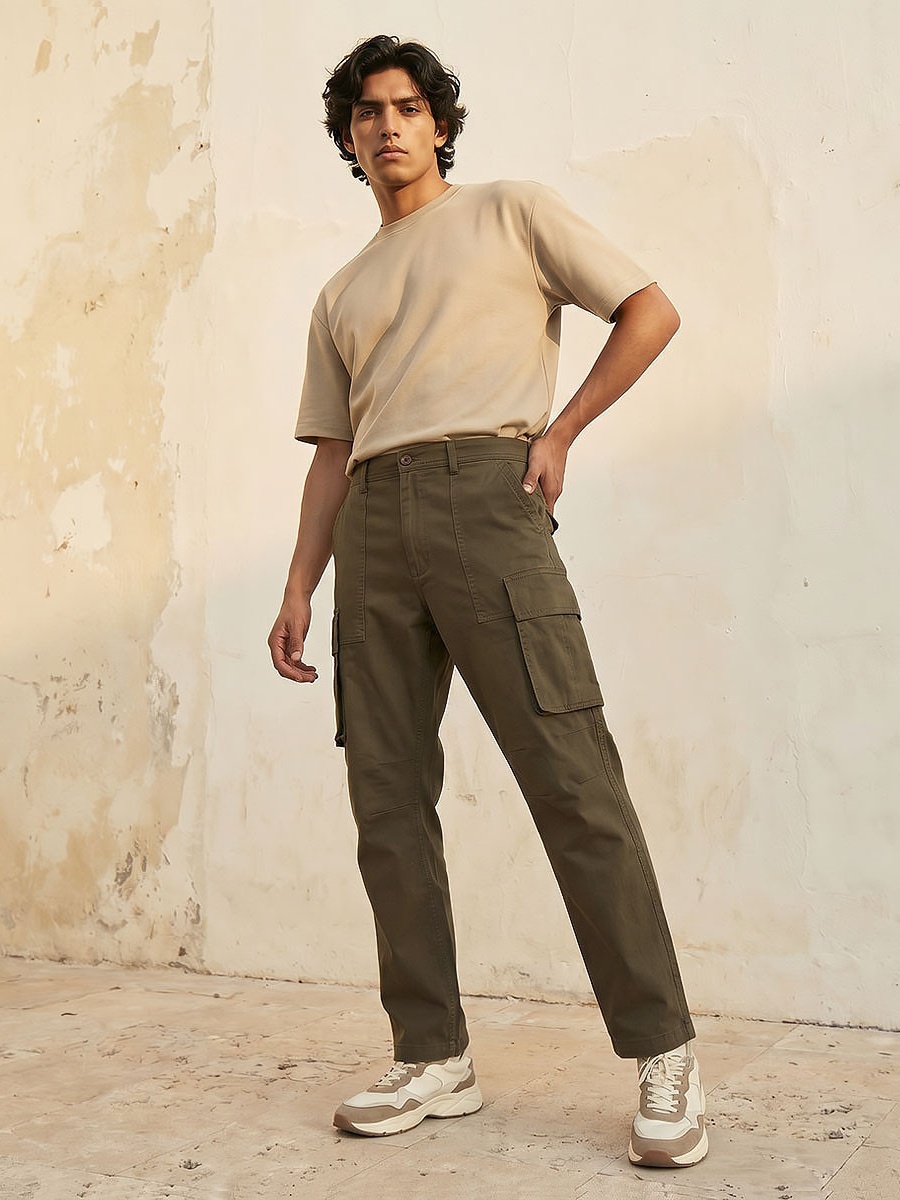 Men Regular Fit Twill Cargo Trousers