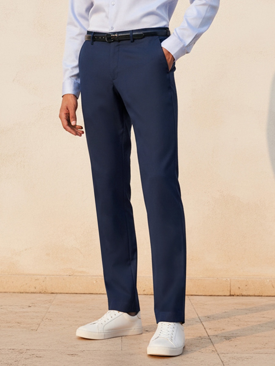 Men Slim Fit Belted Formal Trousers