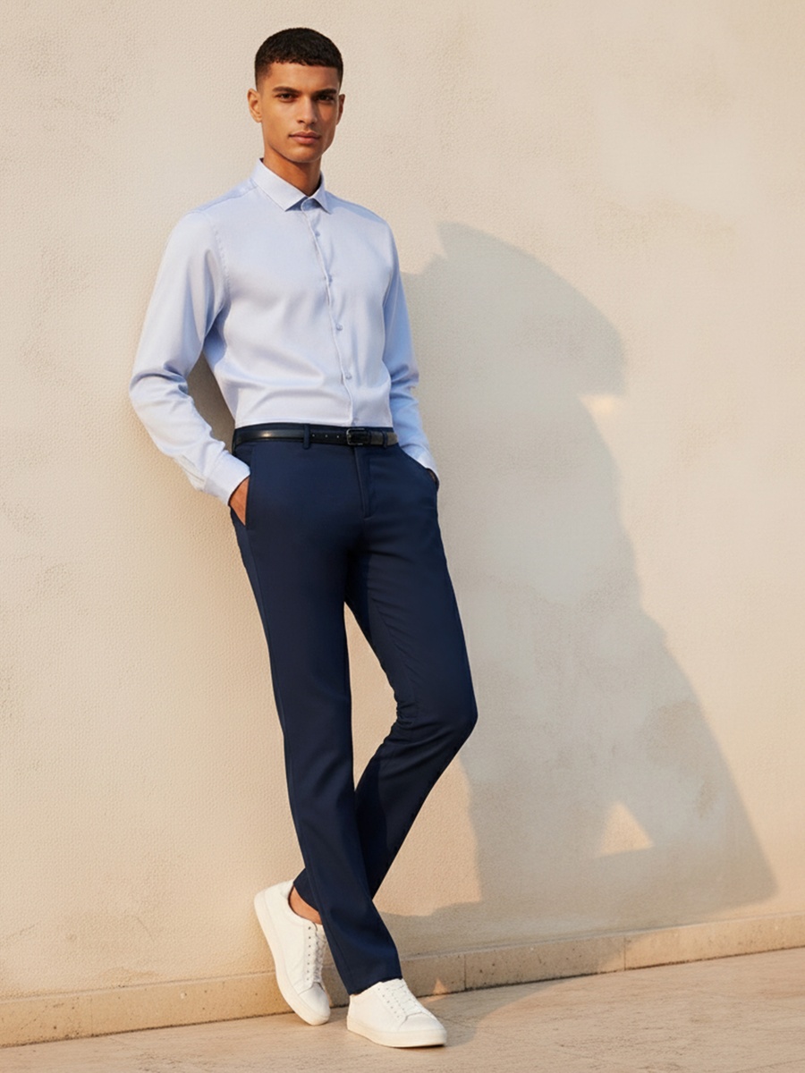 Men Slim Fit Belted Formal Trousers
