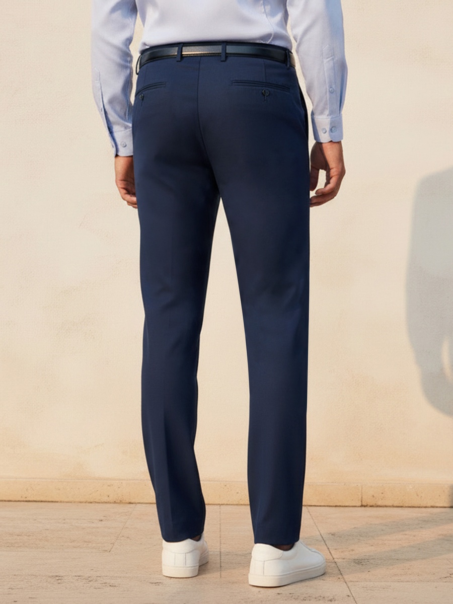 Men Slim Fit Belted Formal Trousers