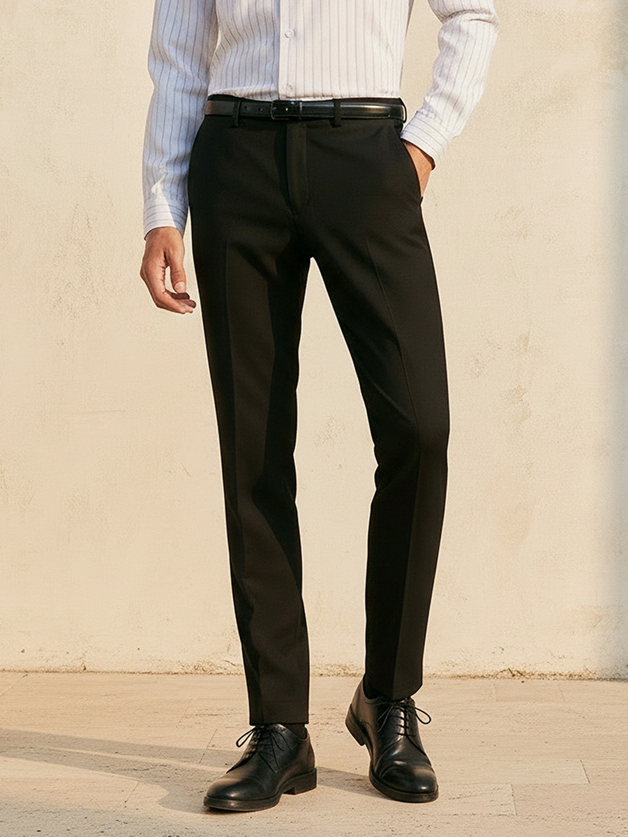 Men Slim Fit Belted Formal Trousers