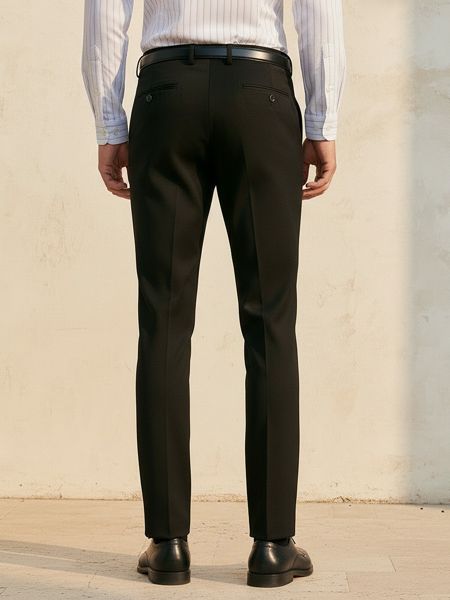 Men Slim Fit Belted Formal Trousers