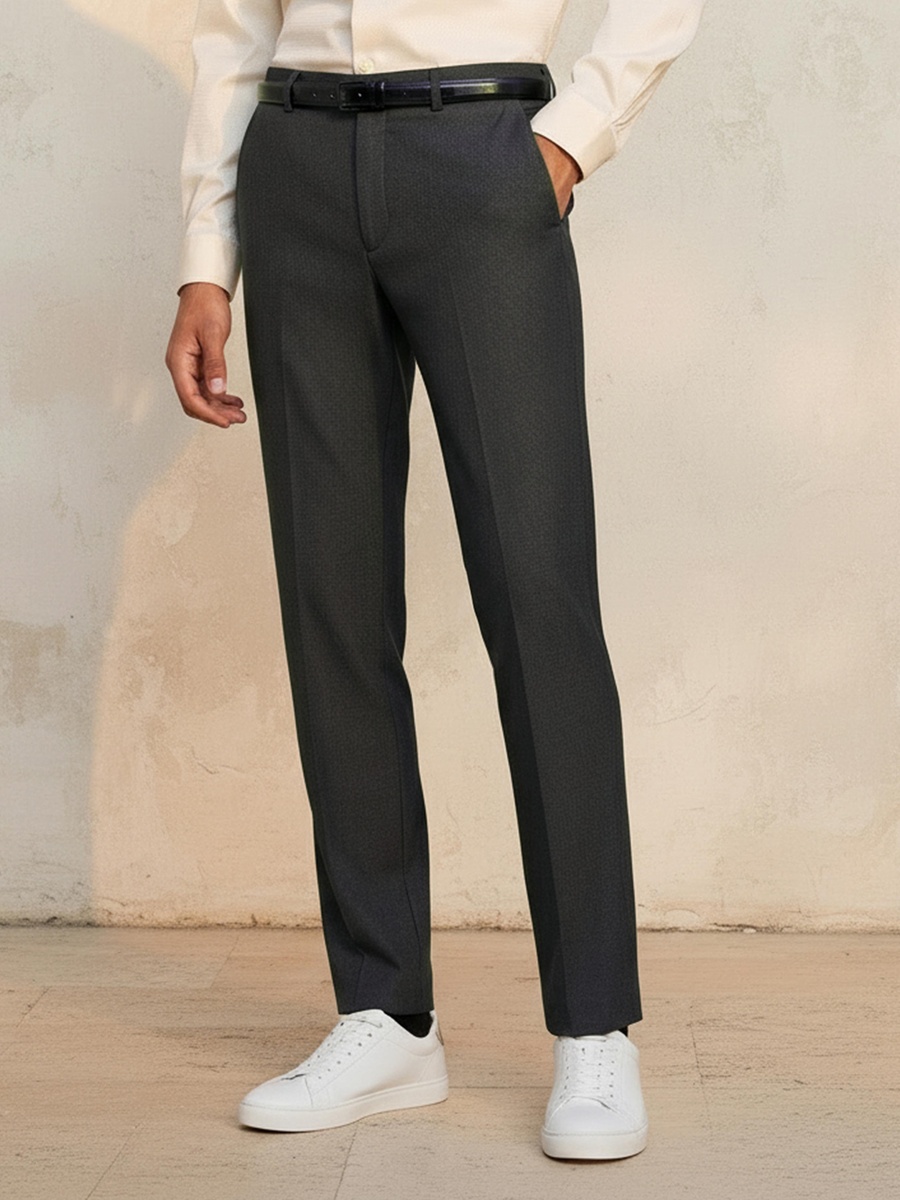 Men Slim Fit Belted Formal Trousers
