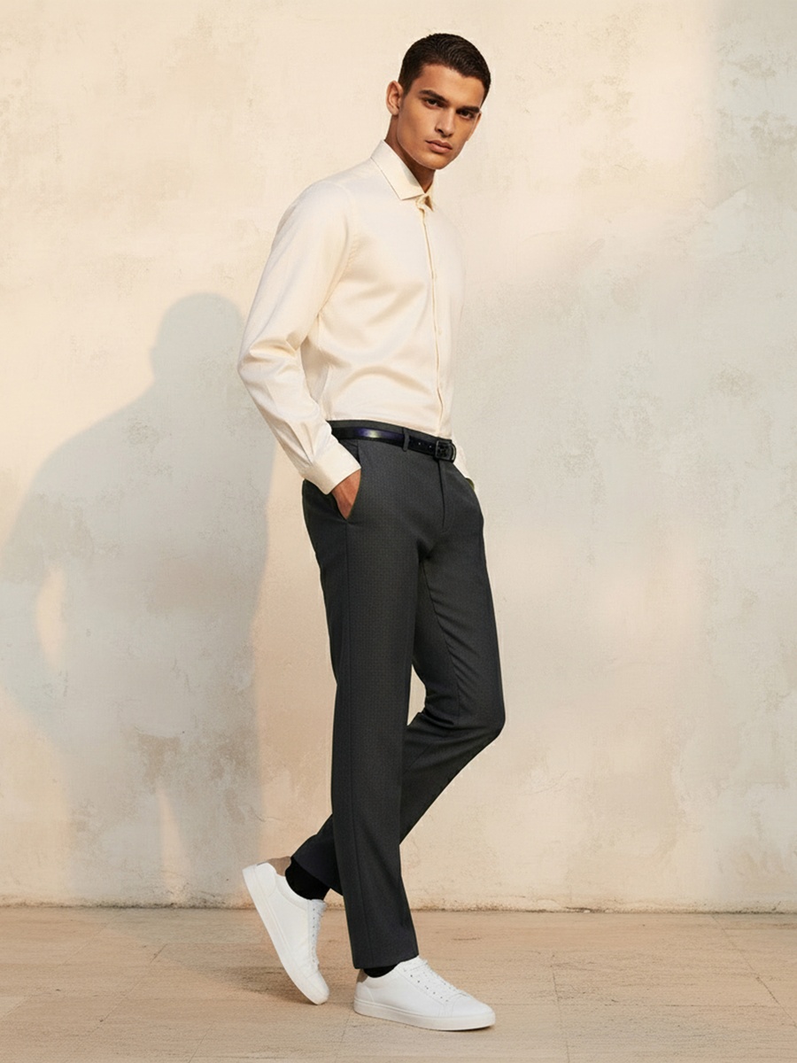 Men Slim Fit Belted Formal Trousers