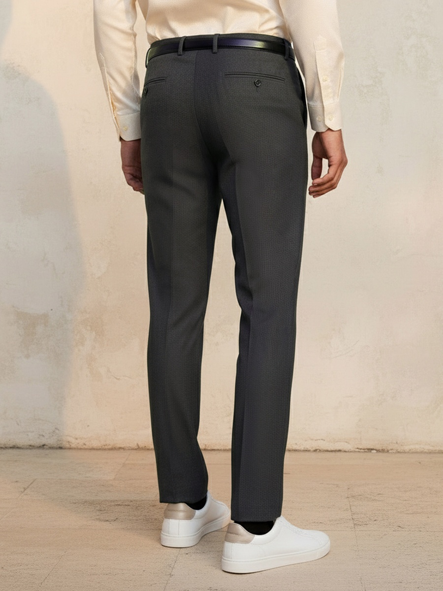 Men Slim Fit Belted Formal Trousers