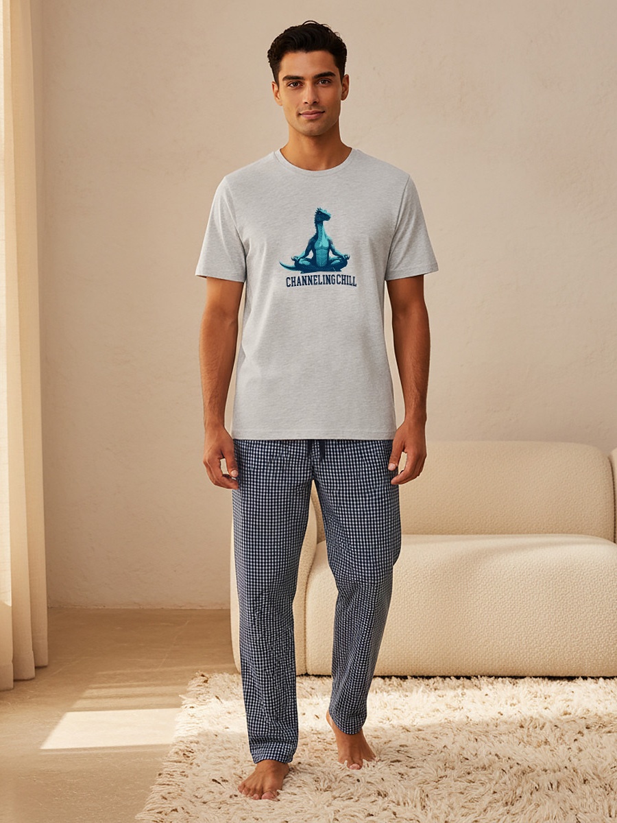Men Cotton Checked Drawstring Waist Nightwear Set