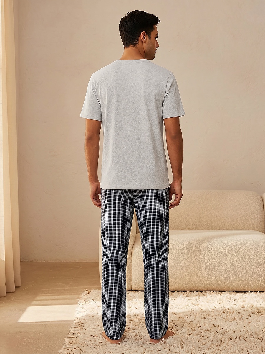 Men Cotton Checked Drawstring Waist Nightwear Set