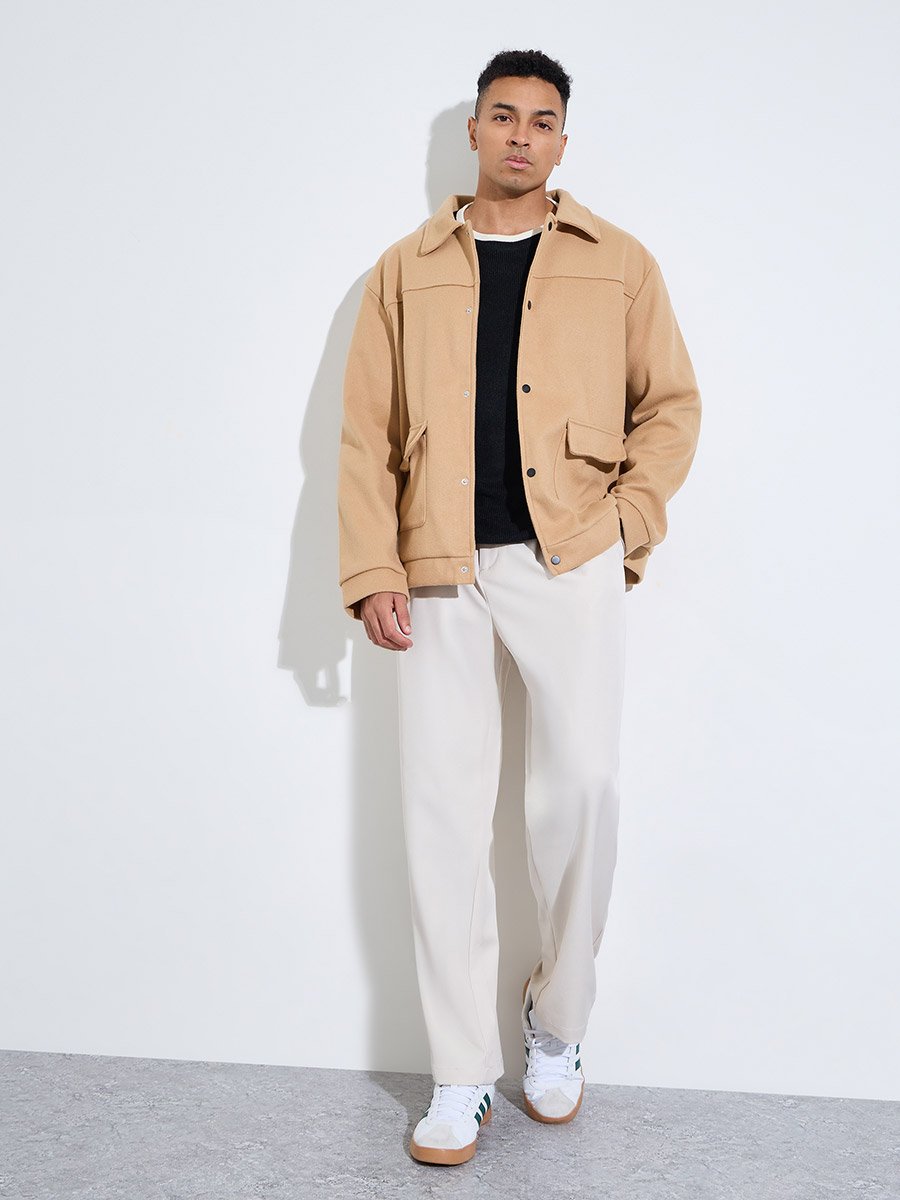 Brown Solid Pocket Details Regular Fit Workwear Jacket