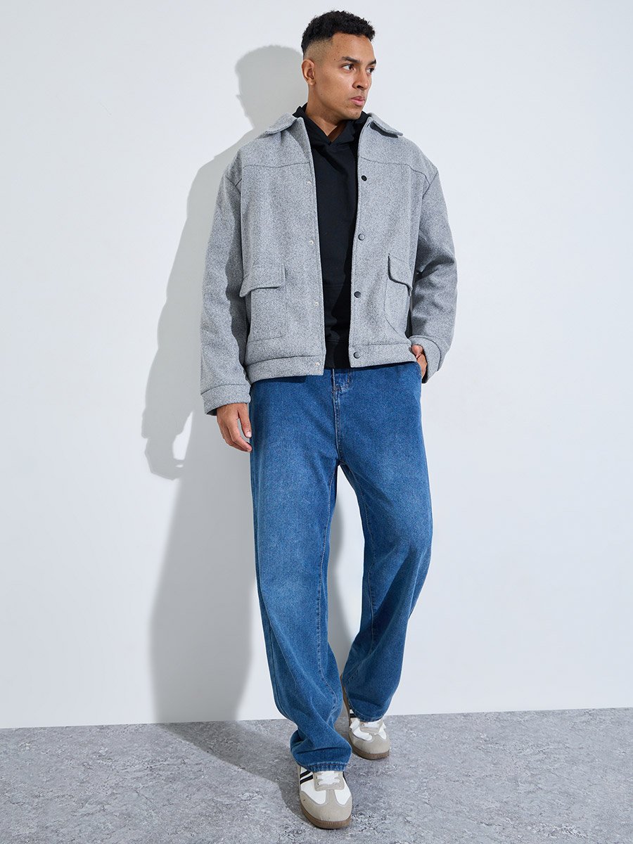Grey Solid Classic Snap Button Workwear Jacket