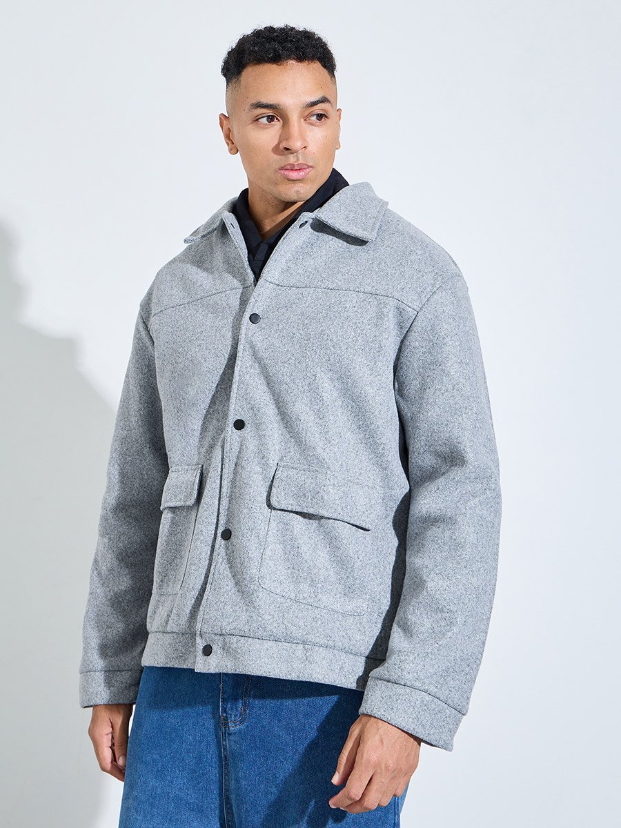 Grey Solid Classic Snap Button Workwear Jacket