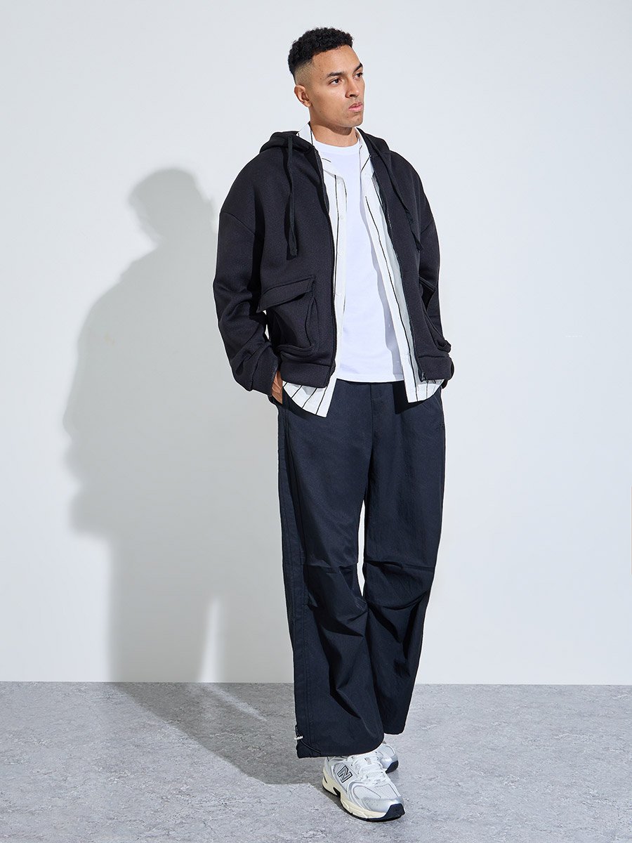 Black Baggy Pocket Hooded Zip-Up Sweat Jacket