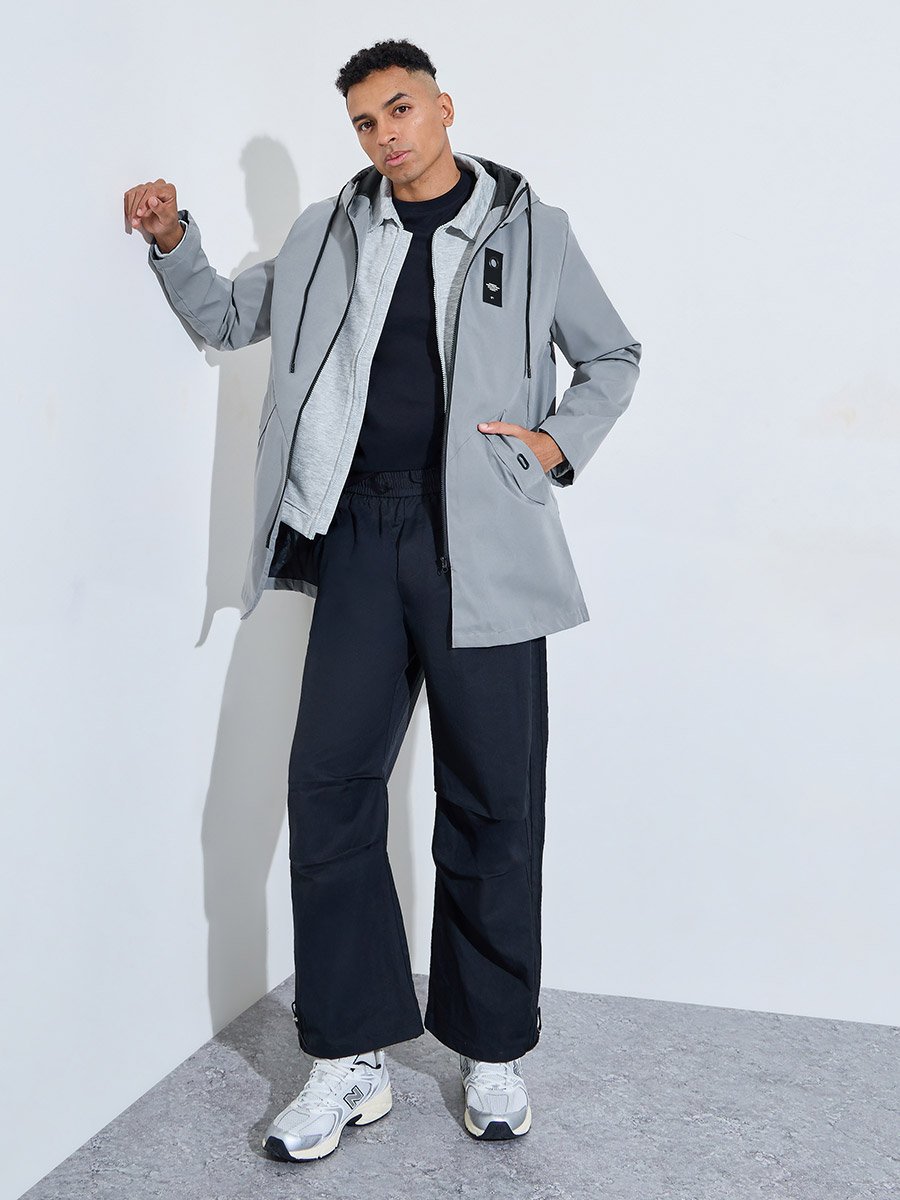 Grey Hooded Regular Fit Utility Trench Coat with Zip Closure