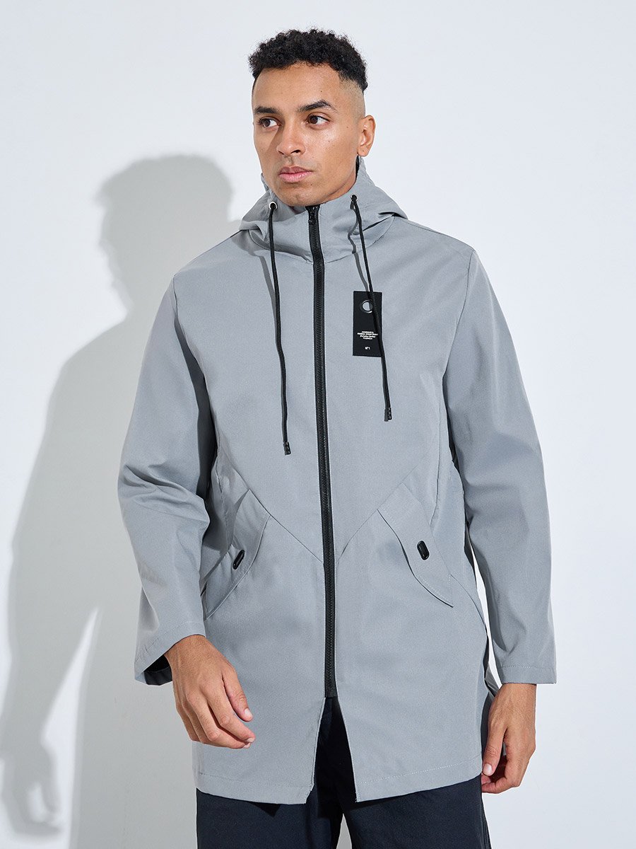 Grey Hooded Regular Fit Utility Trench Coat with Zip Closure
