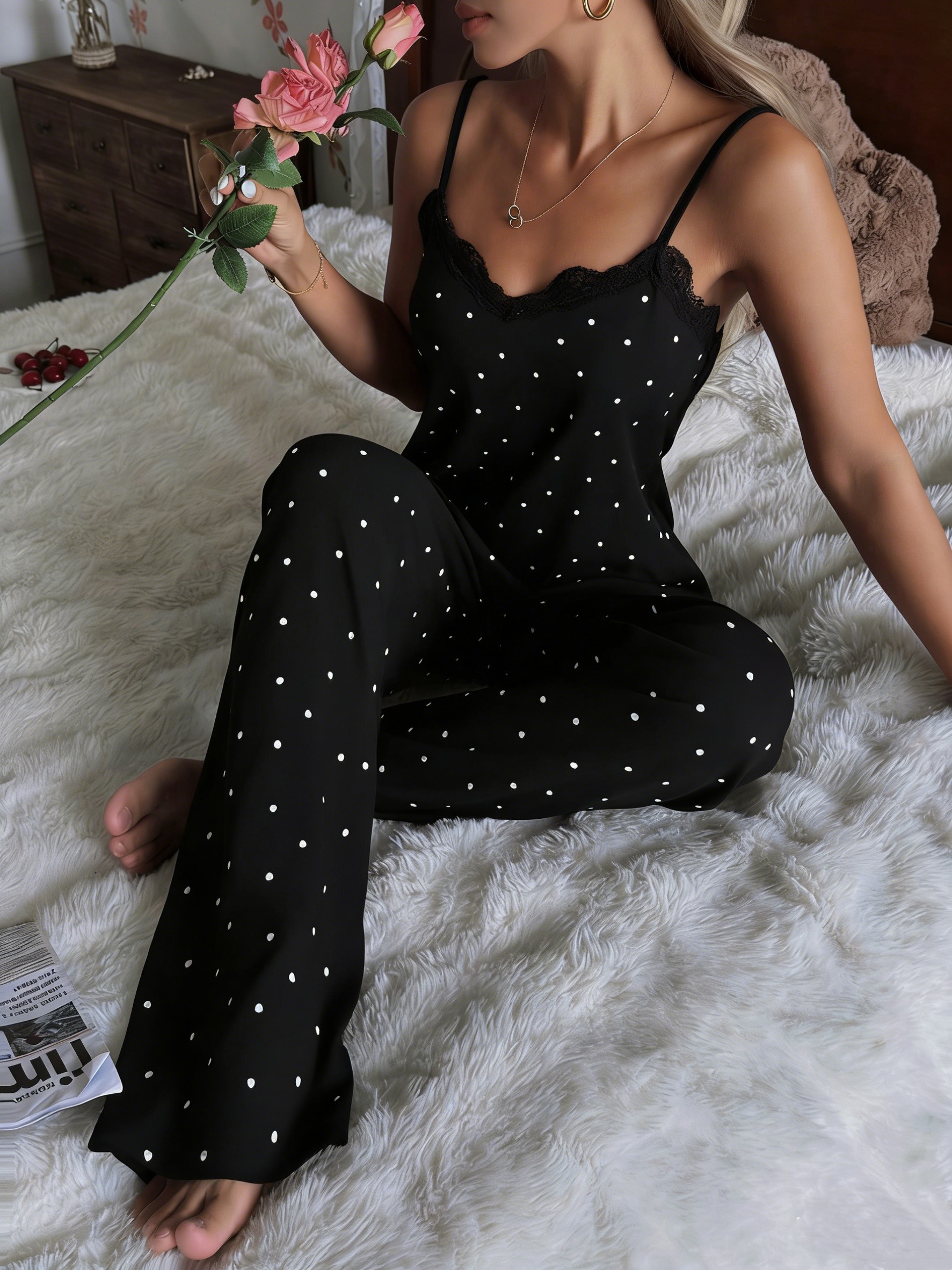 Black Polka Dot V-Neck Tank Pyjama Set