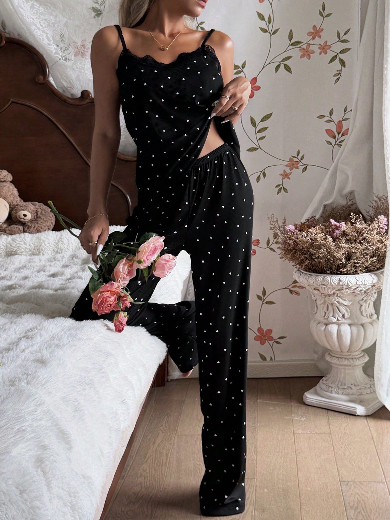 Black Polka Dot V-Neck Tank Pyjama Set