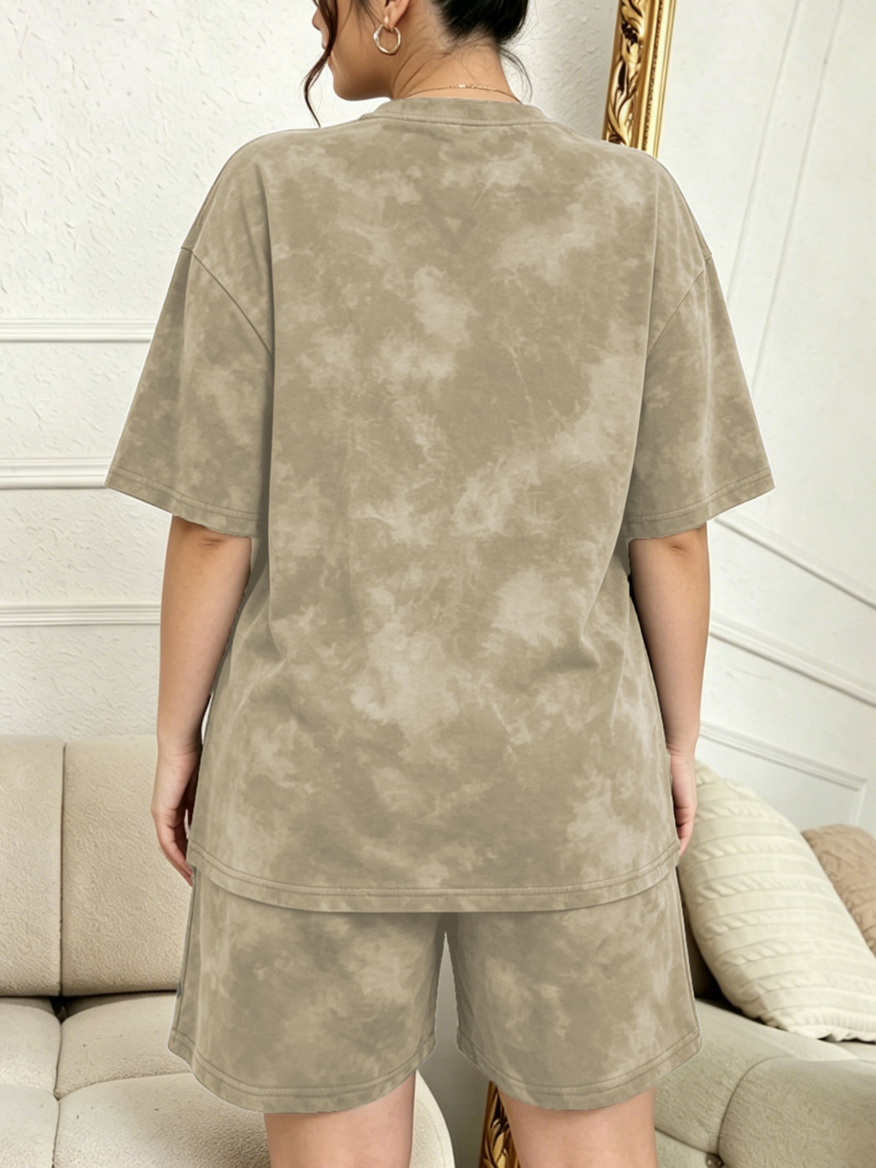 Plus Size Khaki Abstract Print T-Shirt and Shorts Loungewear Set