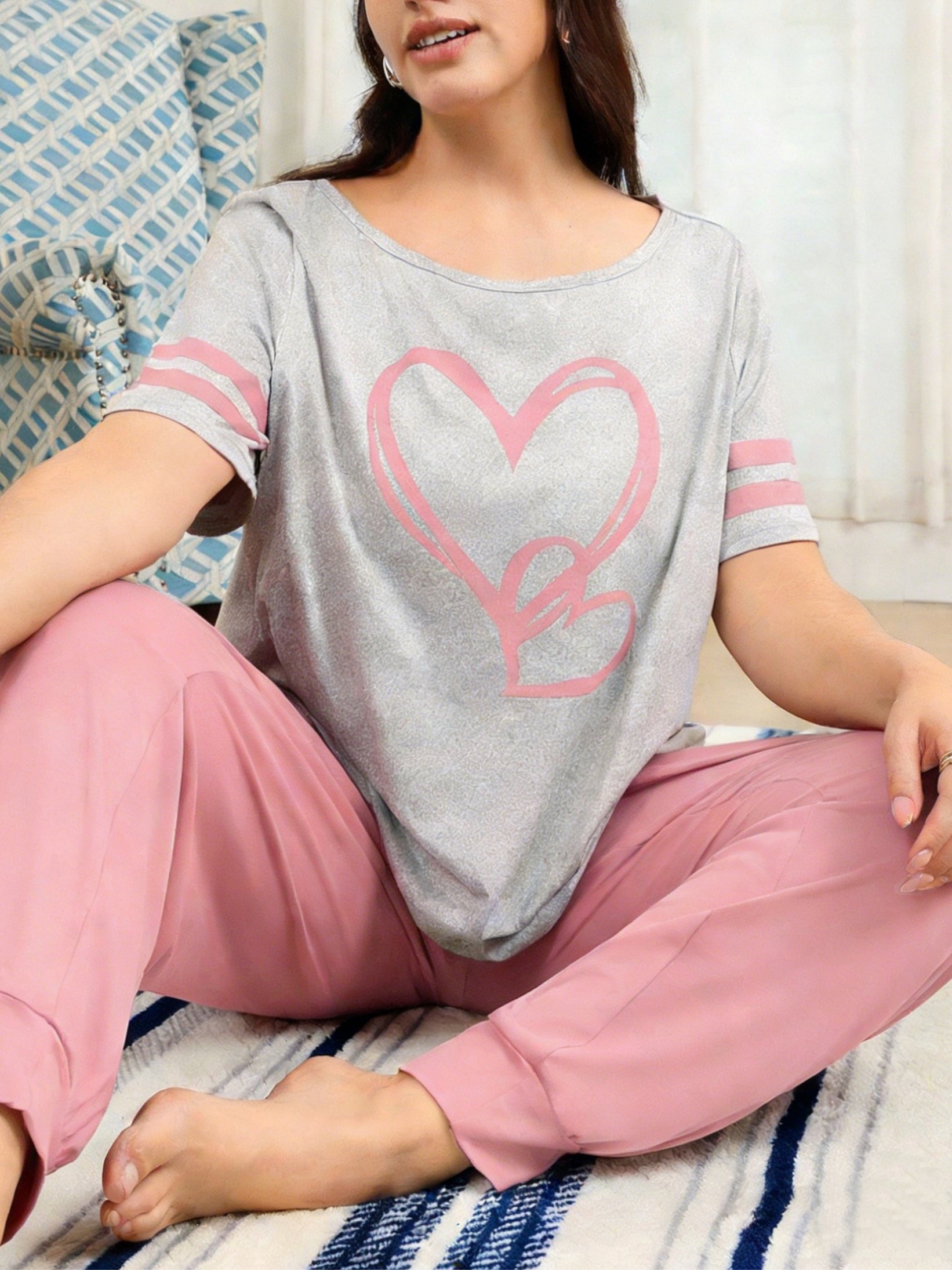 Plus Size Heart Print T-Shirt and Straight Leg Pyjama Set