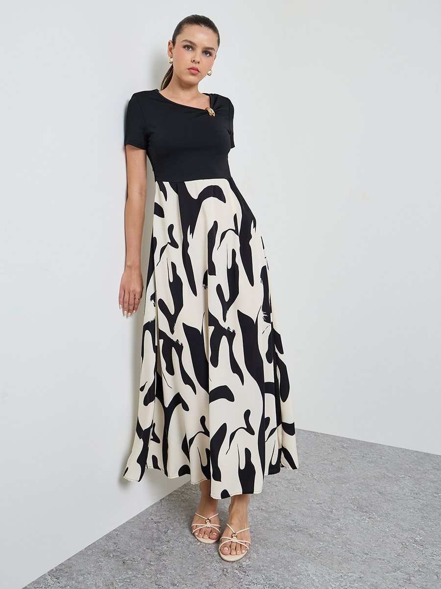 Multi-Color Graphic Print A-Line Maxi Dress