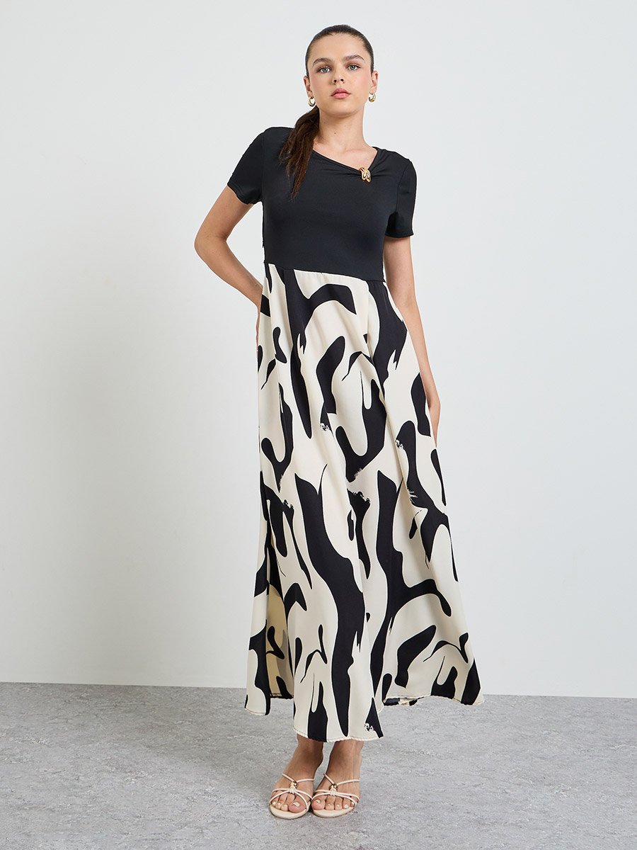 Multi-Color Graphic Print A-Line Maxi Dress