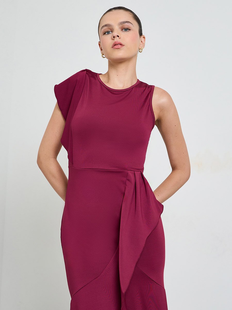 Burgundy Solid Pleated Details A-Line Dress