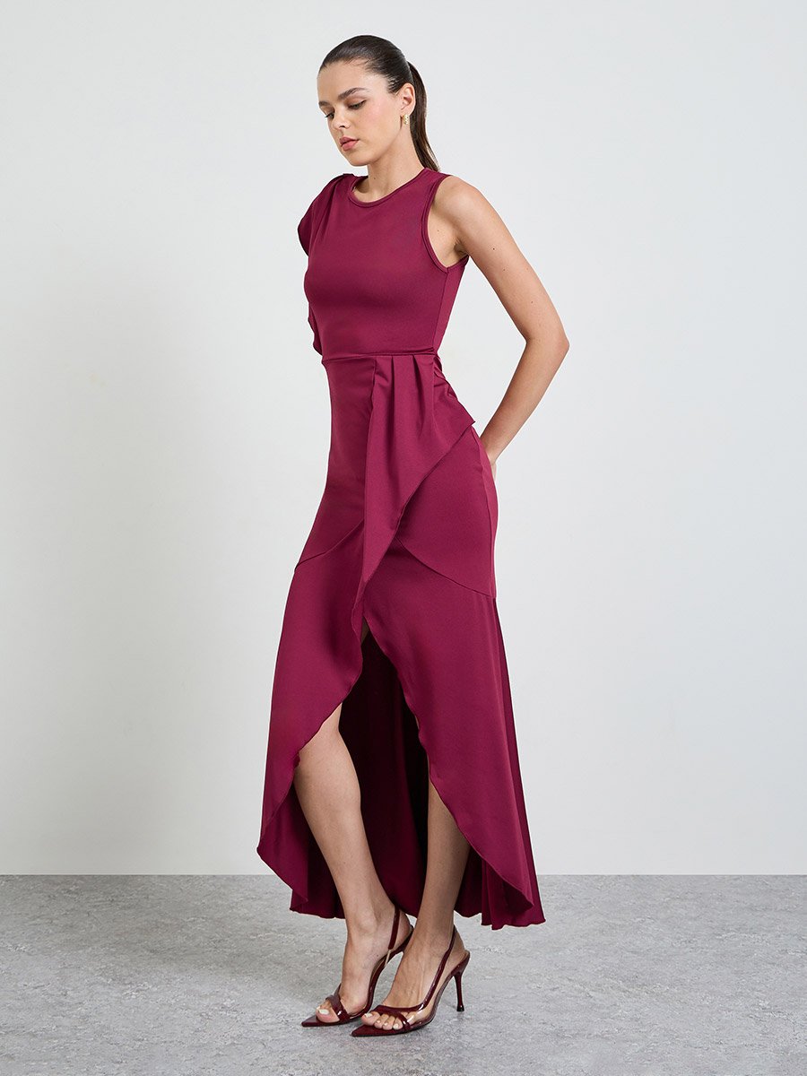 Burgundy Solid Pleated Details A-Line Dress